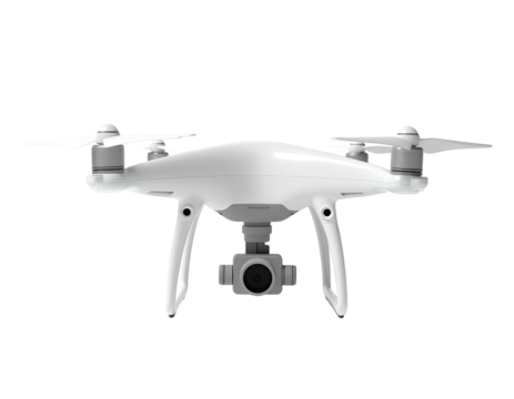 White quadcopter drone with camera facing forward, isolated on black background