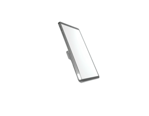 Angled digital display device with a bright screen against a black background