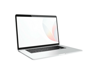 Angled laptop displaying a blank white screen with an abstract pastel background
