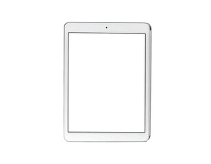 A sleek, white, rectangular tablet with a bright, blank screen on a black background