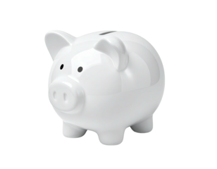 Shiny white ceramic piggy bank, lit from above, isolated on a black backdrop
