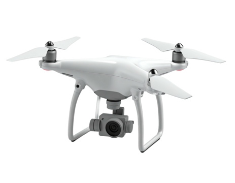 White aerial drone with four propellers and a camera hanging below