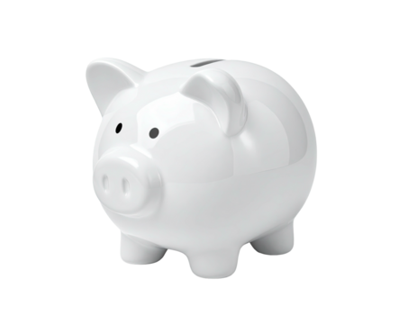 Shiny white ceramic piggy bank, lit from above, isolated on a black backdrop