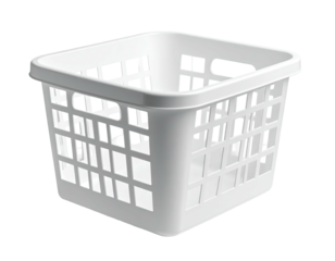 A clean, white square laundry basket with a lattice pattern sits centered on black