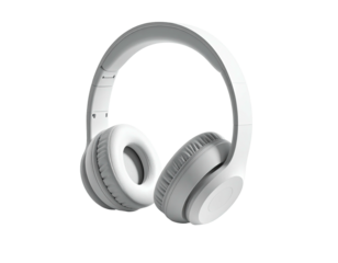 Over-ear headphones in white against a dark background, angled