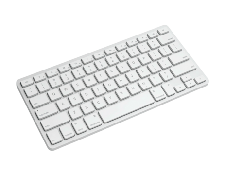 Angled view of a white, flat, minimalist keyboard on a black background