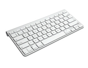 A wireless, low-profile, white keyboard on a stark black background