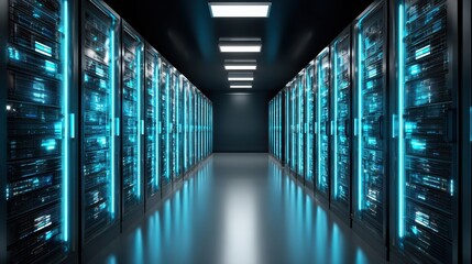 High tech server room with rows of illuminated data servers
