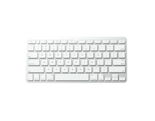 Rectangular, white keyboard with rounded keys, isolated on a black background