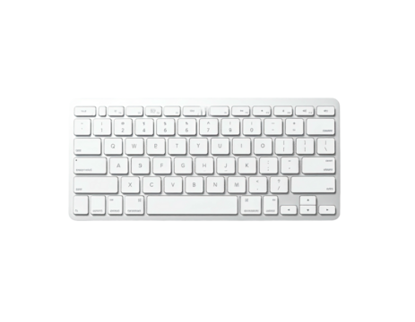 Rectangular, white keyboard with rounded keys, isolated on a black background
