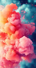 Colorful smoke explosion, pink, orange, against blue background