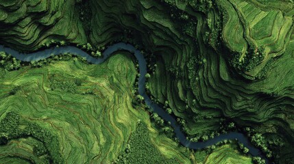Obraz premium Aerial top view of stunning rice terraces with a winding river flowing through.