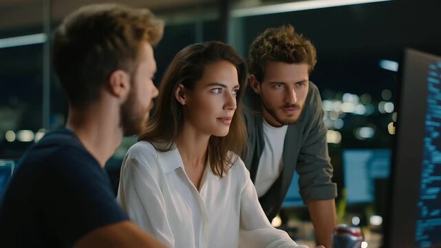 A recent grad codes at a tech firm with monitors displaying code, energy drinks scattered, and colleagues brainstorming nearby, depicted in a techy photo with screen lines, can gleams, and innovativ