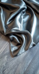 Silky grey fabric drapes over a textured wooden surface