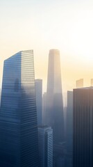 Fototapeta premium Skyscrapers bathed in soft morning light, rising majestically against a clear urban skyline