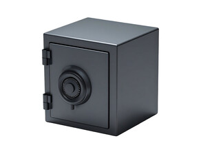 A metallic, gray, cubed safe with a combination dial and secure door