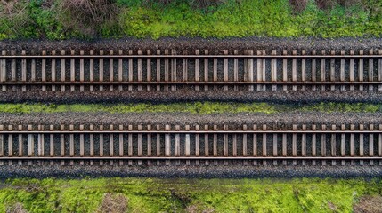 High Angle Aerial View of Multiple Parallel Railway Tracks Surrounded by Greenery