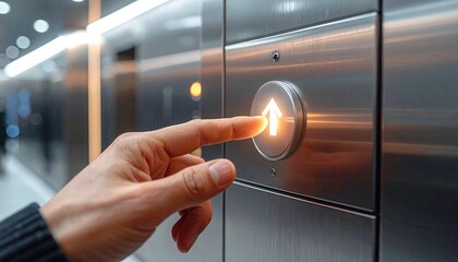 Finger pressing elevator button to go up in modern building
