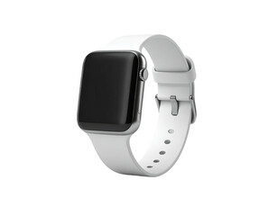 A silver smartwatch with a white strap, displaying a blank black screen