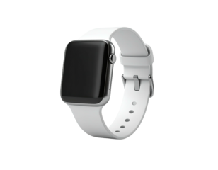 A silver smartwatch with a white strap, displaying a blank black screen