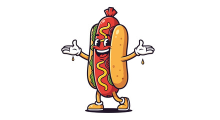 Cheerful cartoon hot dog character with open arms inviting you for a tasty meal