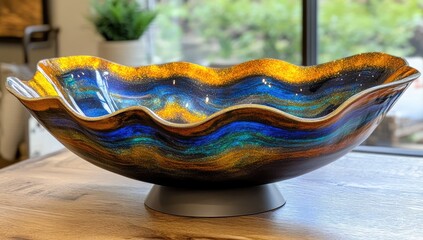 Vivid swirl bowl with pedestal base, gold & blue tones