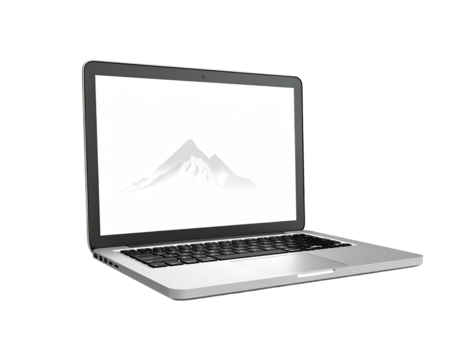 Silver laptop showing a blank screen with mountain range graphic