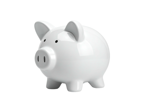 A glossy, white ceramic piggy bank on a dark background