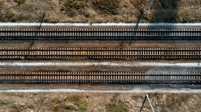 Top Down Aerial View of Parallel Railway Tracks Through Arid Landscape