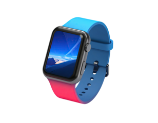 A smartwatch with a colorful band displaying a mountain landscape