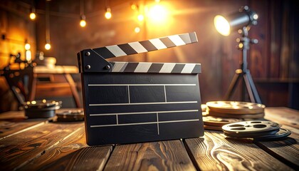 Vintage clapperboard and film reels on a wooden table, symbolizing the art of filmmaking and cinema production