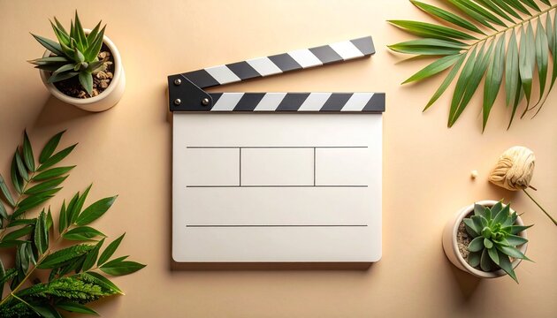 Blank movie clapperboard with tropical green leaves and potted plants on a neutral background