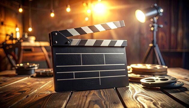 Vintage clapperboard and film reels on a wooden table, symbolizing the art of filmmaking and cinema production