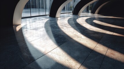 Abstract geometric architectural space with dramatic light and shadows on floor.