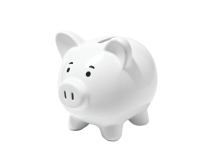 A simple, glossy white piggy bank, set against a transparent background