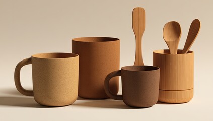 Beige and brown mugs, wooden utensils