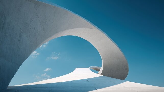 Striking minimalist concrete arch structure against a clear blue sky. - Powered by Adobe