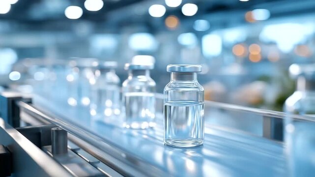 Inside a sterile medical laboratory, rows of sealed vials move smoothly on a conveyor belt, symbolizing biotechnology, pharmaceutical production, vaccine research, and the cutting-edge healthcare in