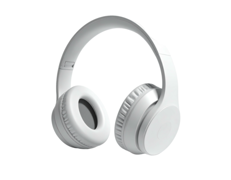 Overhead, wireless headphones in clean white, set against a black background