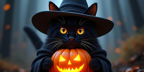 Black cat with pumpkin in forest