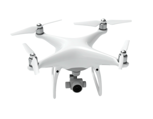 Overhead view of a white, sleek, quadcopter drone with a camera hanging below