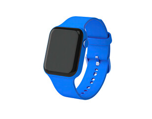 Blue smart watch with a black screen, set against a black background