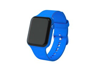 Blue smart watch with a black screen, set against a black background