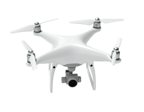 Overhead view of a white, sleek, quadcopter drone with a camera hanging below