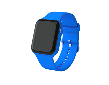 Blue smart watch with a black screen, set against a black background