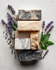 Stacked handmade soaps, lavender, herbs