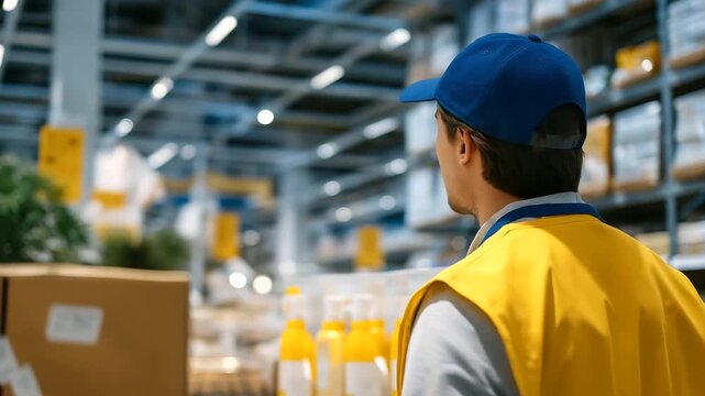 Shopping experience with a worker’s back view organizing grocery store shelves with cleaners, ensuring consumer choice in a retail supermarket. Cardboard box nearby, paper label on bottle, store ais