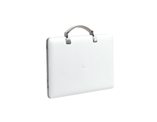 Isolated, minimalist, white briefcase with shiny handle and hardware against a black background