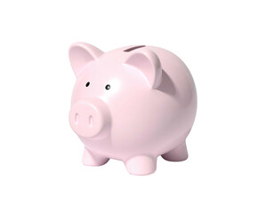 Pink ceramic piggy bank, side view, coin slot visible. Isolated on black