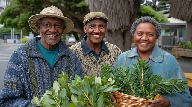 Village pathway scene with New Zealand Maori vendors offering feijoa and native leaves, indigenous sustainable foraging, wild organic market pick, cultural land stewardship. three-quarter wide angle